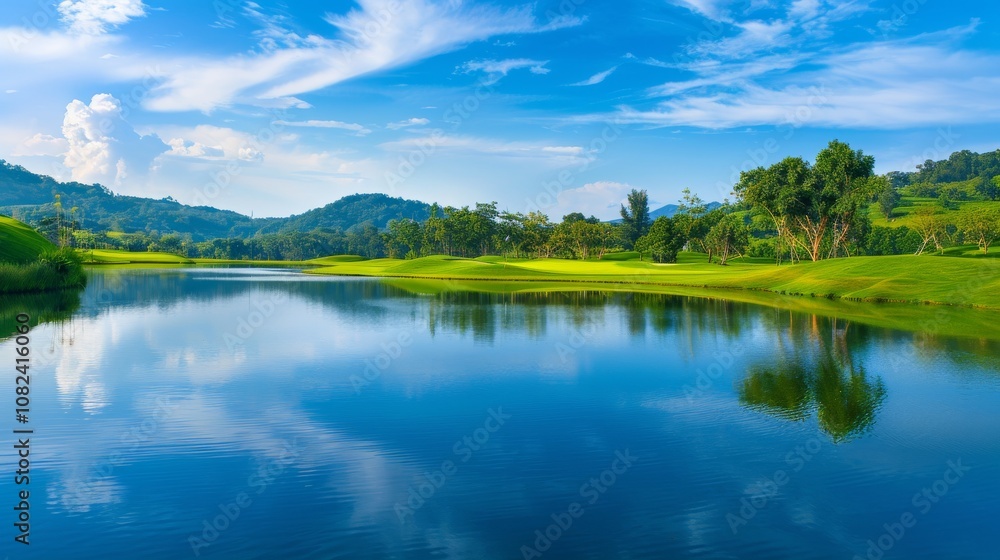 A serene golf course beside a tranquil lake, Golf clubs ready for a peaceful game, Lakeside golfing style A serene golf course beside a tranquil lake, Golf clubs ready for a peaceful game, Lakeside golfing style