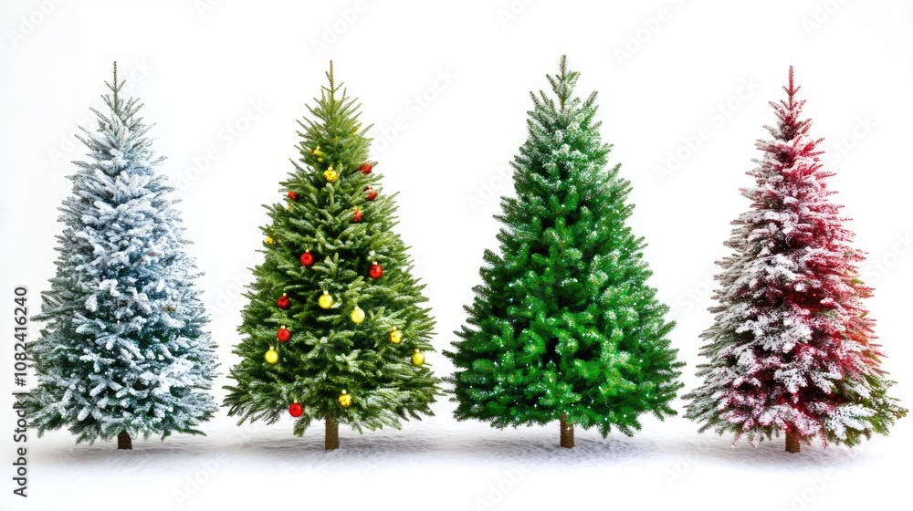 Fototapeta premium Christmas trees, traditional theme, colorful, isolated on white background