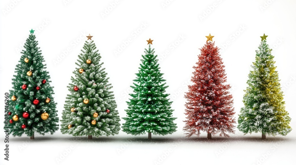 Fototapeta premium Christmas trees, traditional theme, colorful, isolated on white background