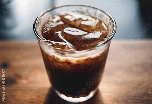 A cold brew coffee infused with nitrogen gas, creating a creamy, frothy texture. Perfect for themes of innovative beverages, coffee culture, and trendy cafes.