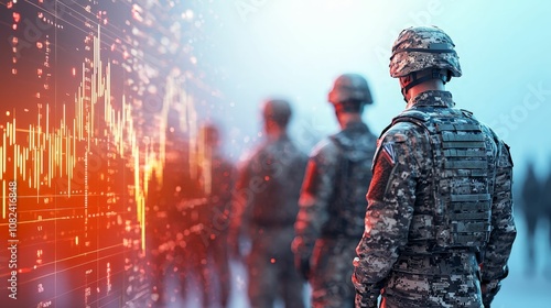 The trade war is affecting global exports, A soldier stands in the foreground, with a digital background featuring a waveform, symbolizing the connection between military and technology.