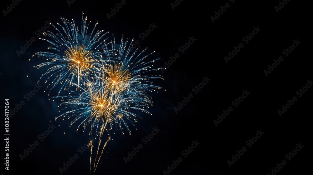 Brilliant fireworks in blue and yellow lighting up the black sky, with space for writing below. Brilliant fireworks in blue and yellow lighting up the black sky, with space for writing below.