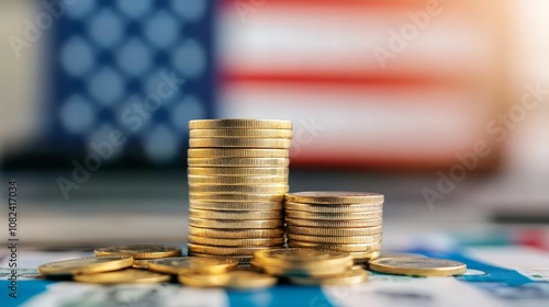 The trade war is affecting global exports, A stack of gold coins in front of an American flag, symbolizing wealth and financial prosperity. photo