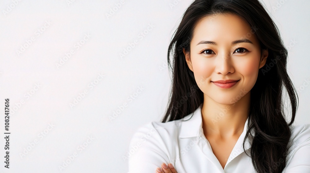Portrait of a Gorgeous Asian Woman with Long Dark Hair and a Confident Smile Against a Light Background, Perfect for Lifestyle and Beauty Themes Portrait of a Gorgeous Asian Woman with Long Dark Hair and a Confident Smile Against a Light Background, Perfect for Lifestyle and Beauty Themes