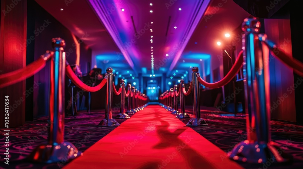 Elegant Red Carpet Event with Illuminated Path and Ropes in a Glamorous Setting, Ideal for Celebrations, Premieres, and Fashion Showcases in a Lavish Venue Elegant Red Carpet Event with Illuminated Path and Ropes in a Glamorous Setting, Ideal for Celebrations, Premieres, and Fashion Showcases in a Lavish Venue