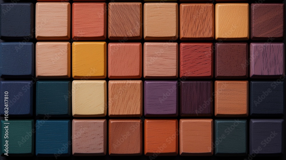 A row of wooden blocks with different colors, including blue, green, yellow A row of wooden blocks with different colors, including blue, green, yellow