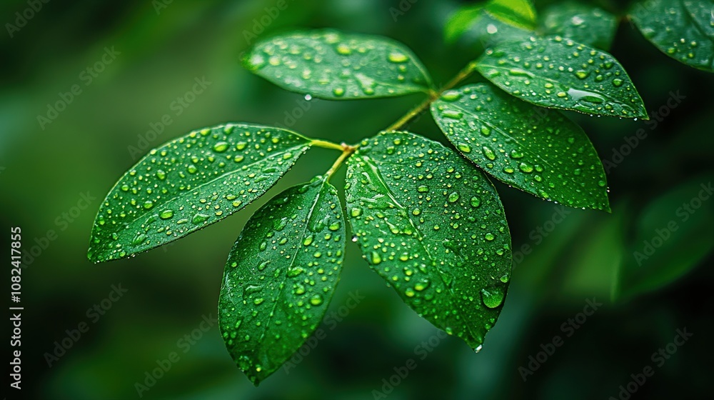 Dew Drops on Green Leaves