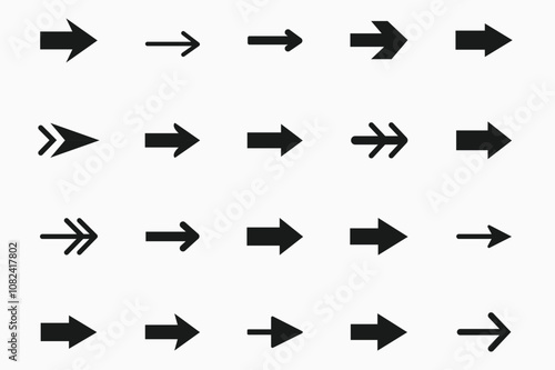 Arrow Icon: A comprehensive set of vector arrows in black, featuring a variety of cursor and direction symbols, all designed in a sleek, flat style for modern simplicity.