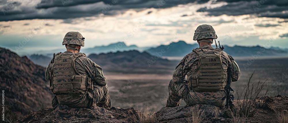 Two soldiers sit on a rocky ledge overlooking a vast mountainous desert during sunset in a remote military training area Two soldiers sit on a rocky ledge overlooking a vast mountainous desert during sunset in a remote military training area