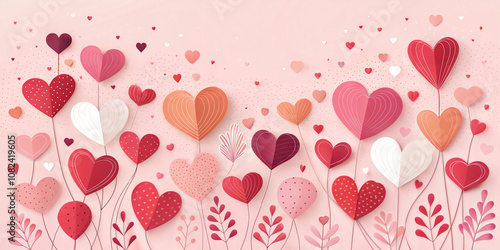 Colorful paper hearts arranged as flowers on a pink background for decoration, Valentine's Day, the concept of love and romance
