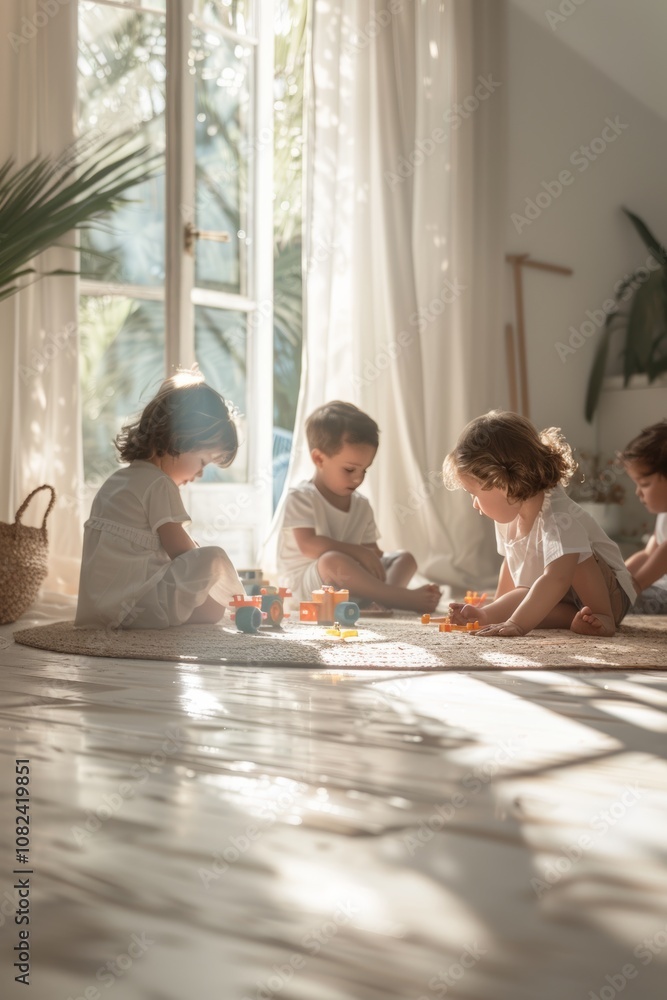A small group of children, playfully engaged with simple toys, on the light backdrop of a clean floor A small group of children, playfully engaged with simple toys, on the light backdrop of a clean floor