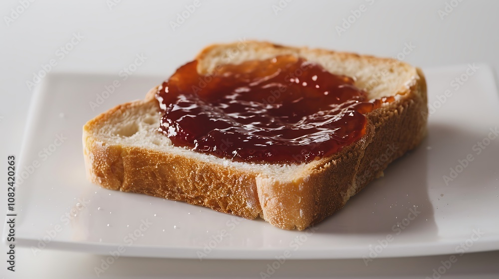 A slice of bread topped with jelly on a white plate, ready to be enjoyed as a snack or breakfast. A slice of bread topped with jelly on a white plate, ready to be enjoyed as a snack or breakfast.