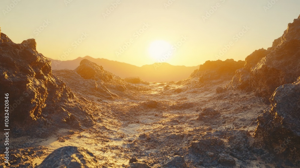 Obraz premium Golden Sunset Over Rugged Rocky Landscape with Mountain Silhouettes, Illuminating Textures and Natural Beauty During Twilight Hours in the Wilderness