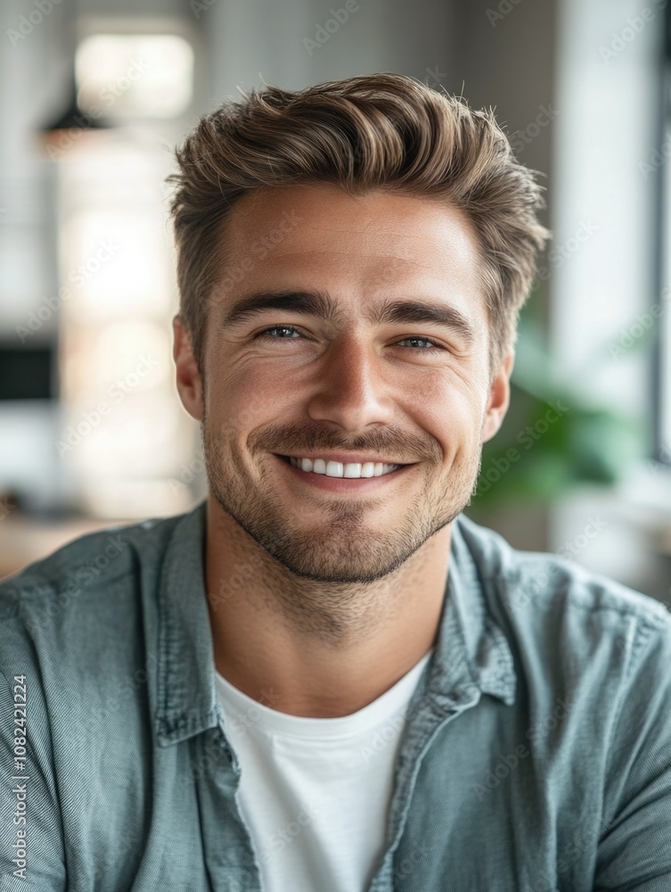 Smiling Man with Beard and Short Hair in Casual Clothes at Interior Location Smiling Man with Beard and Short Hair in Casual Clothes at Interior Location