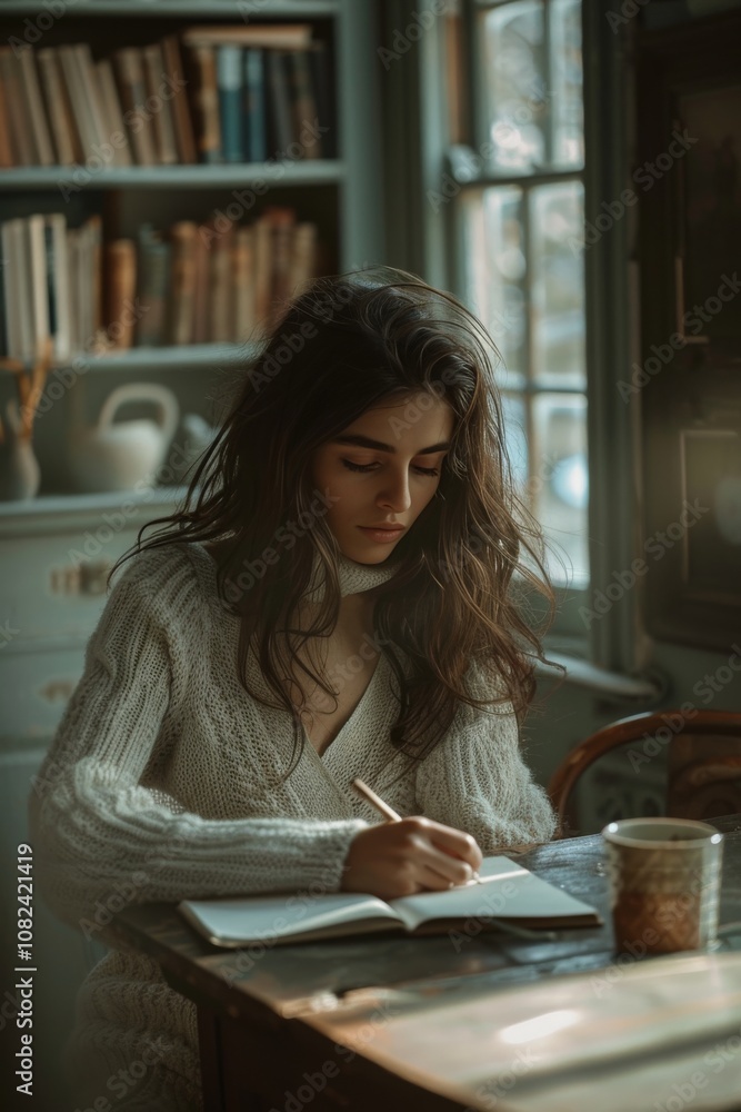 Woman sitting at a clean table, making notes in a notebook, immersed in her work process Woman sitting at a clean table, making notes in a notebook, immersed in her work process