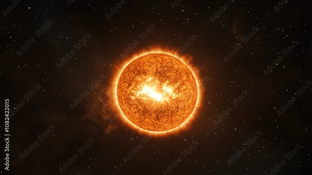 Fototapeta premium Bright and Fiery Sun Illuminating the Cosmic Space with Vibrant Corona and Distant Stars, Capturing the Essence of Solar Power and the Beauty of the Universe
