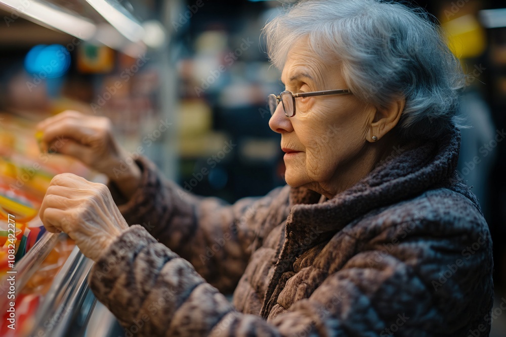 Close-up of an elderly Caucasian woman with a warm expression, selecting snacks and a drink in a quiet train station store, soft morning light 3 Close-up of an elderly Caucasian woman with a warm expression, selecting snacks and a drink in a quiet train station store, soft morning light 3