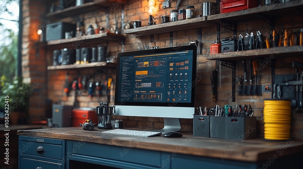 Electrician Website Monitor Mockup with Tools. Generative AI Electrician Website Monitor Mockup with Tools. Generative AI