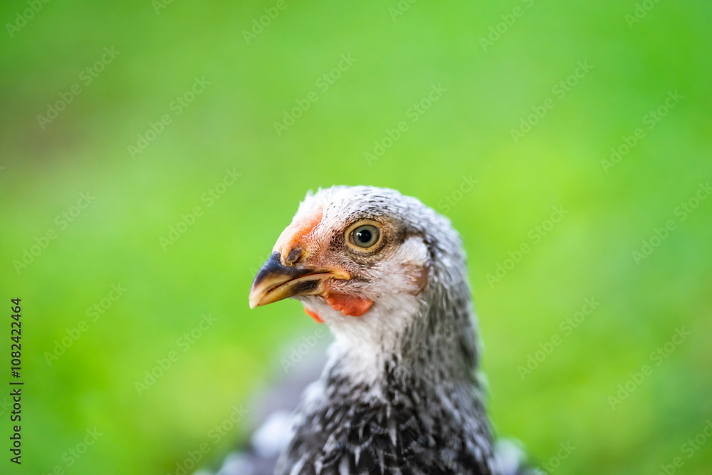 Obraz premium Feathers on chickens are gray and black. The red beak then stood on the grassy area.
