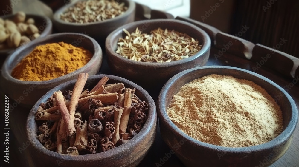 A Vibrant Display of Various Whole Spices in Rustic Bowls Arranged Neatly on a Wooden Tray, Showcasing Diverse Textures and Colors of Natural Ingredients A Vibrant Display of Various Whole Spices in Rustic Bowls Arranged Neatly on a Wooden Tray, Showcasing Diverse Textures and Colors of Natural Ingredients