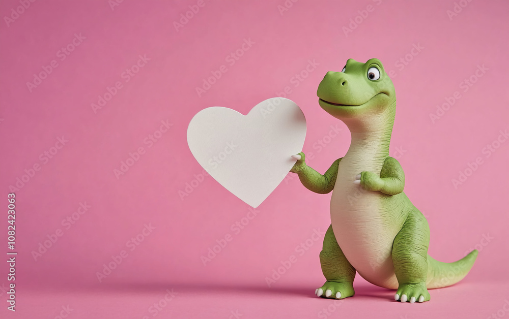 Fototapeta premium A green dinosaur toy stands on a pink background, holding a white paper heart