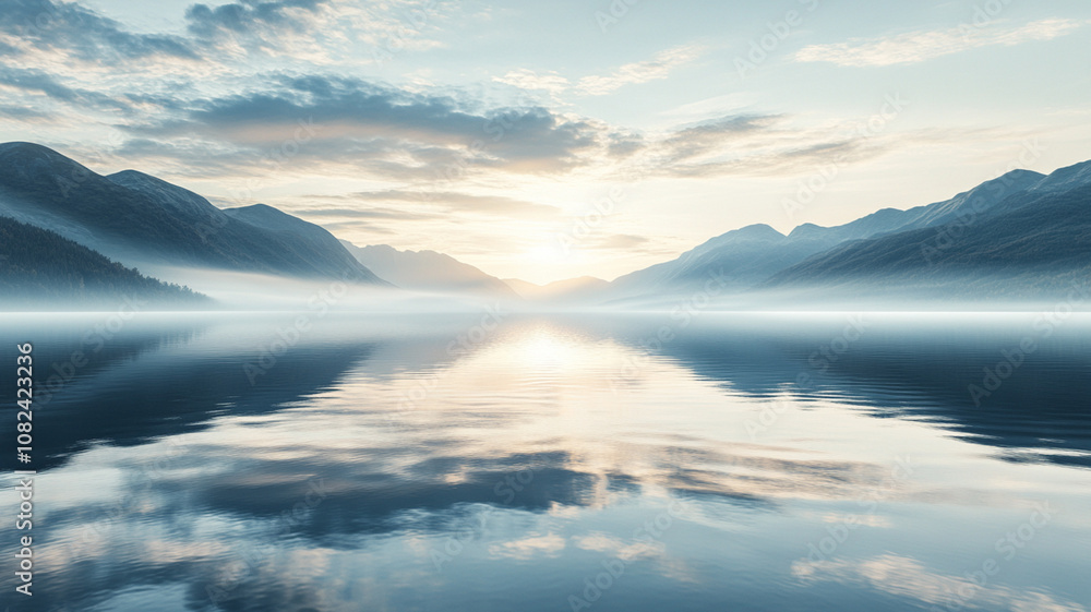 Calm lake at sunrise, soft reflections on the water, misty mountains in the distance, and a wide area of clear sky for copy space. Calm lake at sunrise, soft reflections on the water, misty mountains in the distance, and a wide area of clear sky for copy space.