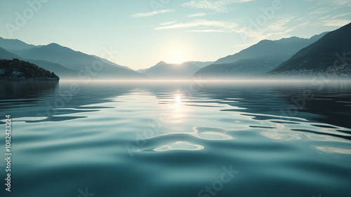 Calm lake at sunrise, soft reflections on the water, misty mountains in the distance, and a wide area of clear sky for copy space.