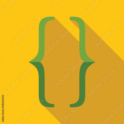 Green curly brackets symbol on a vibrant yellow background, representing coding, programming, and software development