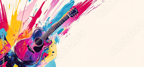 Colorful guitar and multicolored paint splashes on white background