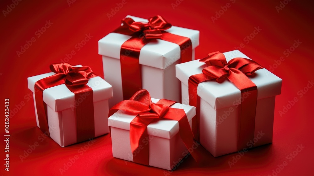 Elegant White Gift Boxes with Red Ribbons on Vibrant Red Background for Celebrations, Holidays, or Special Occasions Elegant White Gift Boxes with Red Ribbons on Vibrant Red Background for Celebrations, Holidays, or Special Occasions
