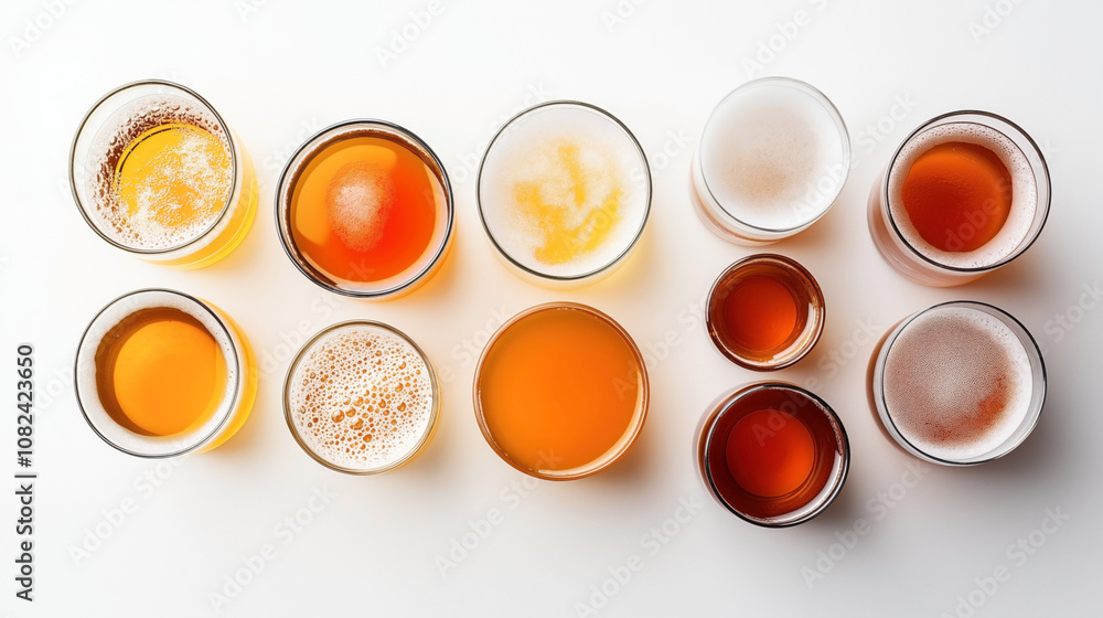 Top view of various beer glasses filled with different types of amber, yellow, and golden beers on a white background Top view of various beer glasses filled with different types of amber, yellow, and golden beers on a white background