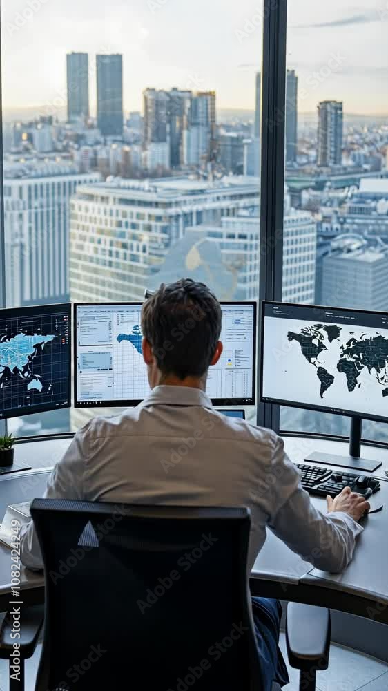 A man works at a desk overlooking a city skyline, using multiple computer monitors showing data and maps A man works at a desk overlooking a city skyline, using multiple computer monitors showing data and maps