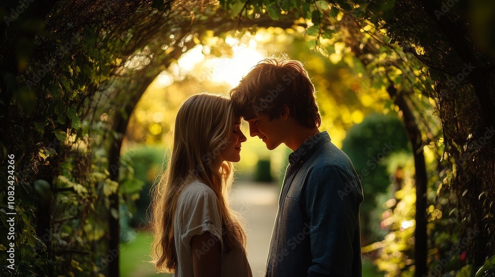 Fototapeta premium Capturing a Timeless Moment: Young Lovers Under Garden Archway with Forehead Touch in Sunlight Through Trees