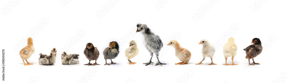 Various breeds of newborn chicken are in a row on white background in a studio. Various breeds of newborn chicken are in a row on white background in a studio.