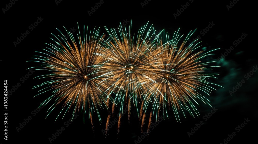 Fireworks bursting in green and gold over a black backdrop, with ample space for text at the bottom.