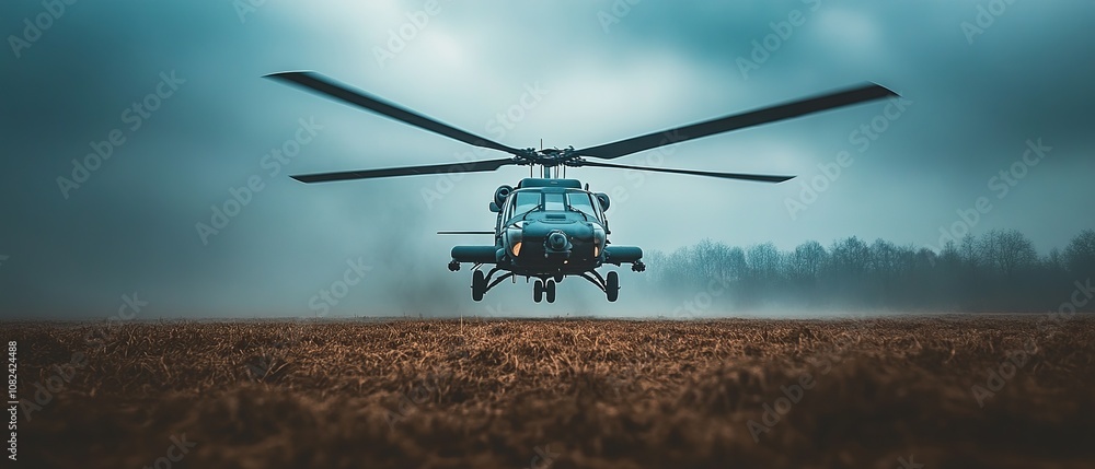 Fototapeta premium Military helicopter maneuvers in a dramatic landscape during overcast conditions