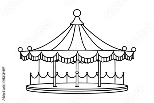 Vintage Carousel Line Art Vector - Amusement Ride Outline, Black & White, Minimalist Merry-Go-Round Design