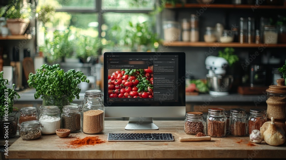 Fototapeta premium Cooking School Website Monitor Mockup with Spices and Chef's Hat. Generative AI