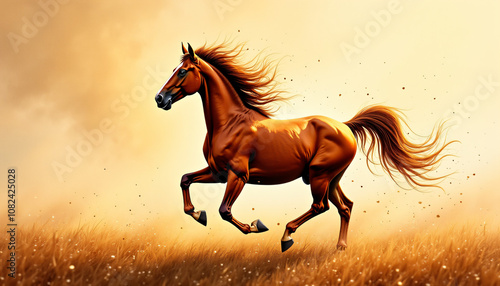 Brilliant brown horse illustration in motion with golden grass background