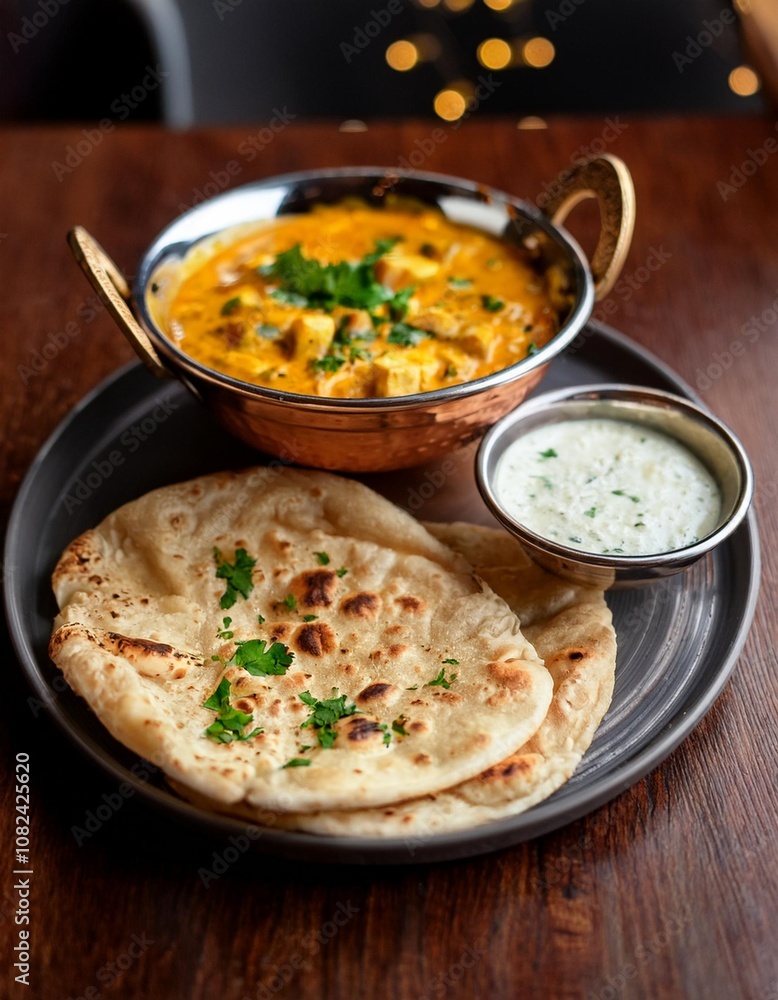 Fluffy Butter Garlic Naan Served with Creamy Paneer Butter Masala, Captured in a Bright and Lively Indian Restaurant with Bold Colors and Rich Spices Fluffy Butter Garlic Naan Served with Creamy Paneer Butter Masala, Captured in a Bright and Lively Indian Restaurant with Bold Colors and Rich Spices