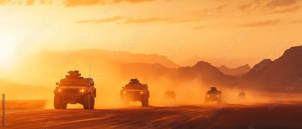 Trucks driving along a dusty road at sunset in a mountainous landscape with vibrant sky colors Trucks driving along a dusty road at sunset in a mountainous landscape with vibrant sky colors