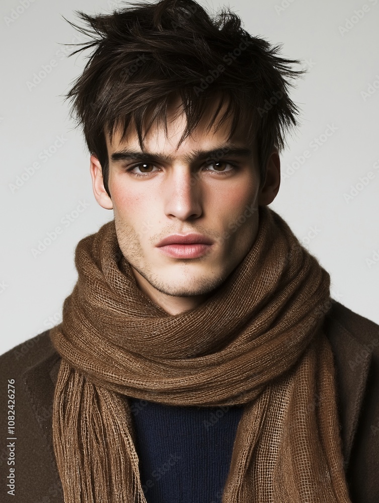 Modern Male Portrait with Spiky Hairstyle and Stylish Scarf, Capturing a Trendy Look Ideal for Fashion and Style Concepts Modern Male Portrait with Spiky Hairstyle and Stylish Scarf, Capturing a Trendy Look Ideal for Fashion and Style Concepts