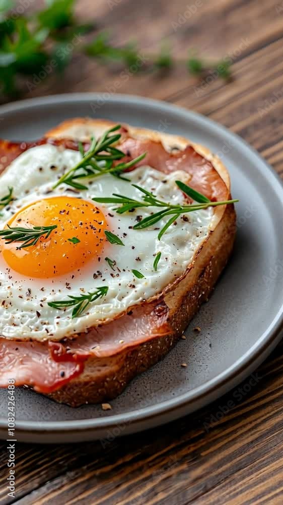 A delicious plate featuring a fried egg on toast with bacon and herbs. A delicious plate featuring a fried egg on toast with bacon and herbs.