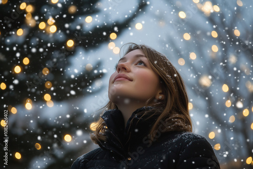 A beautiful young woman enjoying the magic of a winter snowfall, illuminated by glowing Christmas lights in the background, embracing the holiday season.