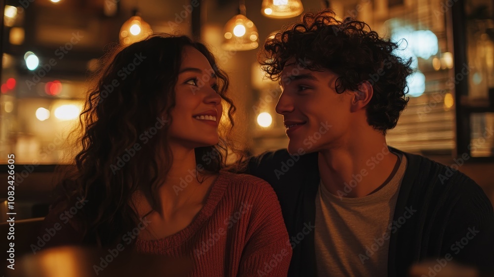 Love in the Cozy Cafe - Interracial Couple Sharing a Look in Warm, Casual Atmosphere with Soft Lighting Love in the Cozy Cafe - Interracial Couple Sharing a Look in Warm, Casual Atmosphere with Soft Lighting