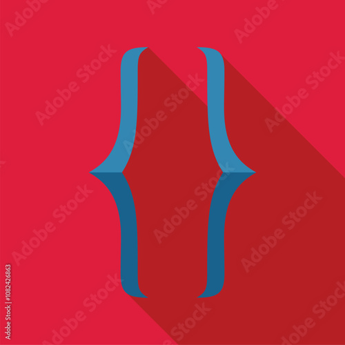 Blue curly brackets symbol representing coding, programming, and software development on a vibrant red background with long shadow