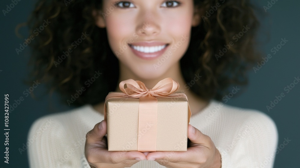 A woman is holding a gift box with a bow on it A woman is holding a gift box with a bow on it