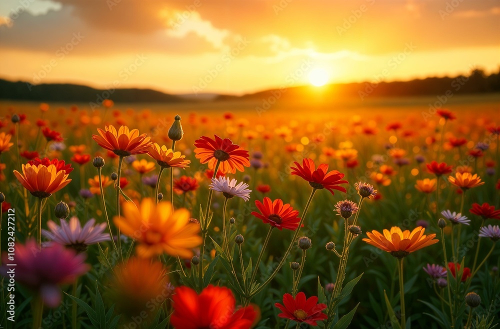 landscape of flower fields during sunset, a mix of wildflowers, bright colours, warm golden light, postcard, poster, cover landscape of flower fields during sunset, a mix of wildflowers, bright colours, warm golden light, postcard, poster, cover