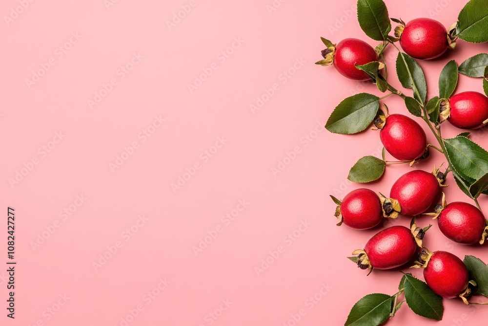 A cluster of red fruits with green leaves arranged on a pink background. A cluster of red fruits with green leaves arranged on a pink background.