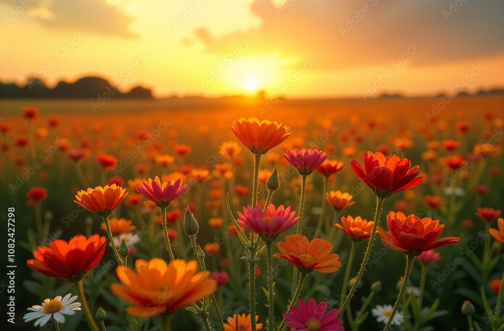 landscape of flower fields during sunset, a mix of wildflowers, bright colours, warm golden light, postcard, poster, cover landscape of flower fields during sunset, a mix of wildflowers, bright colours, warm golden light, postcard, poster, cover